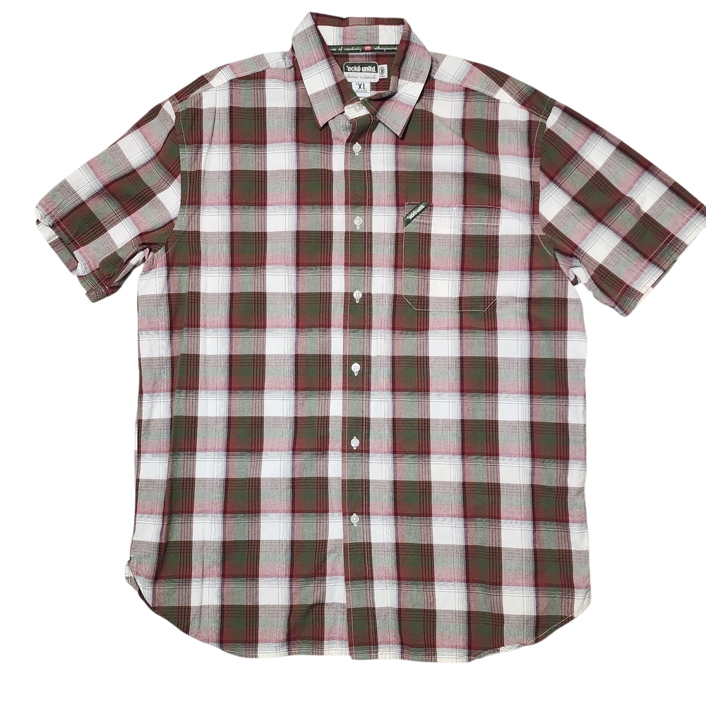 Ecko Unlimited XL Green Red Plaid Short Sleeve Button Down Shirt Retro 90s Style